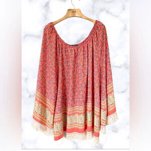 Plus Size Bohemian Off Shoulder Floral Shabby Chic Fringe Tunic Top Size XXXL
